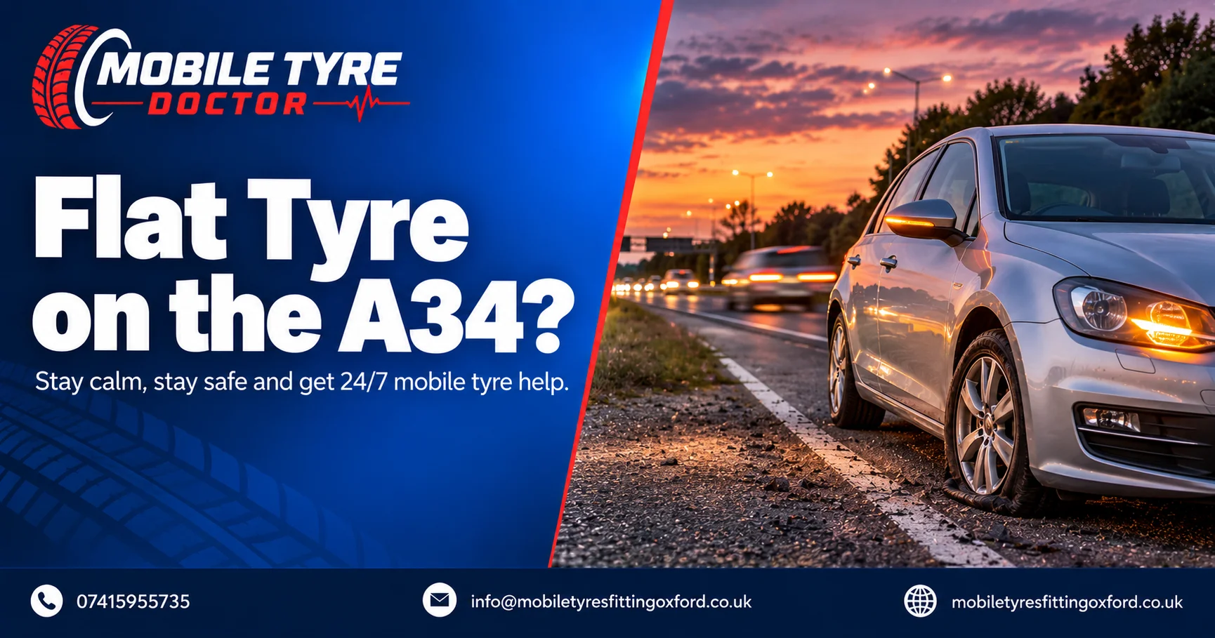 Car with a flat tyre parked safely in a lay-by with hazard lights on near Oxford