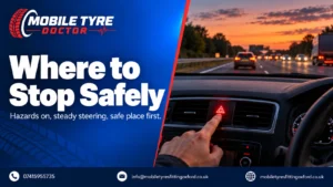 Driver switching on hazard lights before stopping safely on a dual carriageway