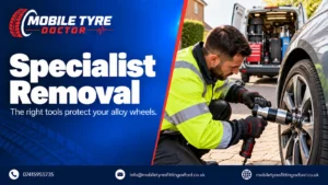 Mobile tyre fitter removing a locking wheel nut at the customer's location