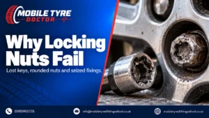 Worn locking wheel key next to a rounded corroded wheel nut