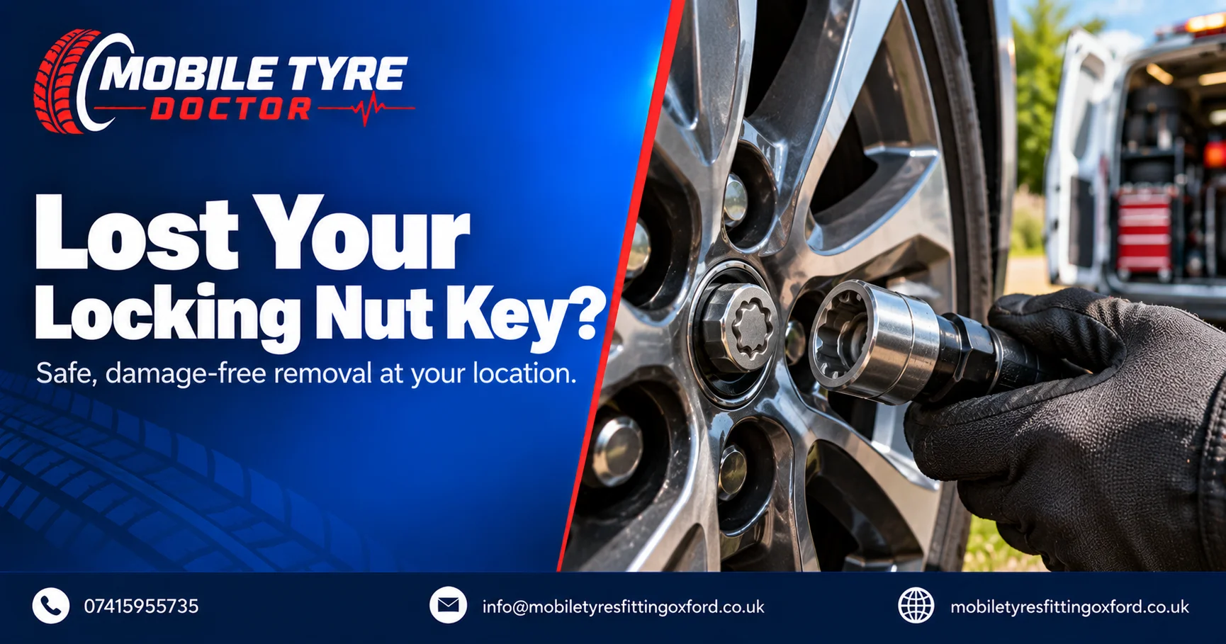Technician holding a specialist socket next to a locking wheel nut on an alloy wheel