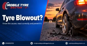 Driver and passenger waiting safely behind a barrier after a tyre blowout